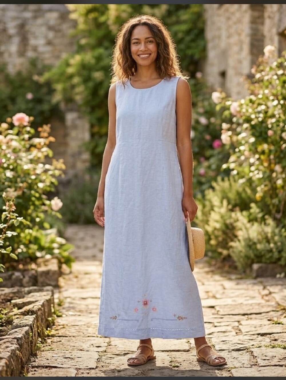 Crazy Horse Petite VINTAGE linen Sleeveless Embroidered Maxi Shirt Dress 14P